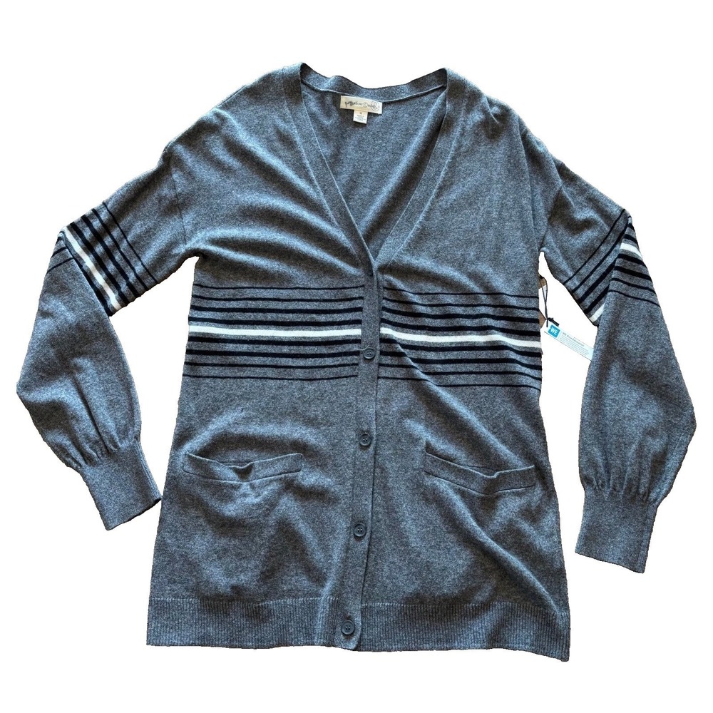 Treasure & Bond Womens Gray Striped Button Front Cardigan Sweater Size Med NWT‎